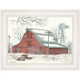 "Winter Barn with Pickup Truck" by Cindy Jacobs, Ready to Hang Framed Print, White Frame